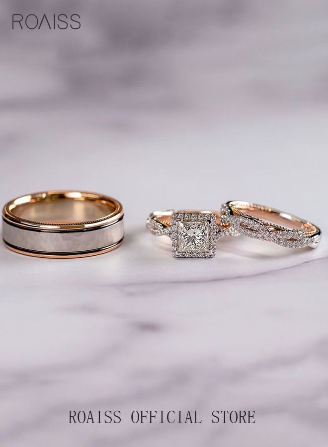 رويس طقم خواتم زركون مكون من 3 قطع، مرصع بأحجار الراين الكريستالية، خواتم وعد وخطوبة، مجوهرات أبدية، هدية زفاف، خاتم مزخرف للأزواج، للرجال والنساء والفتيات المراهقات، لون ذهبي وردي - Image 5